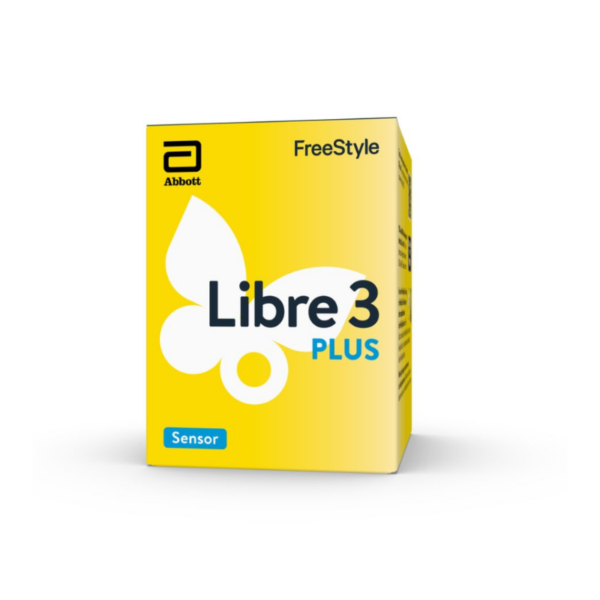 Close-up of the FreeStyle Libre 3 PLUS Sensor attached to the upper arm, showing the compact continuous glucose monitoring device with 14-day wear and 10-metre Bluetooth range.